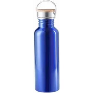 A drink bottle in a shiny, bright blue with a silver lid and a wooden accent. It features a branding logo.