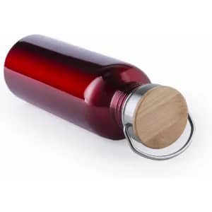 A drink bottle in a glossy red finish with a wooden lid and metal handle.