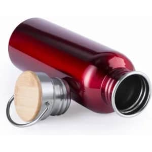 A drink bottle in a shiny red finish with a silver cap and a wooden top. Features a logo on the bottle.