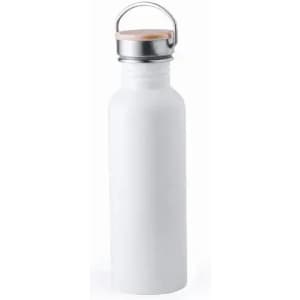 A drink bottle in white, featuring a wooden lid and a metal ring, with branding on the side.