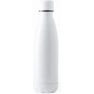 A drink bottle in sleek white with a stainless steel lid and a logo. Ideal for keeping beverages cold or hot.