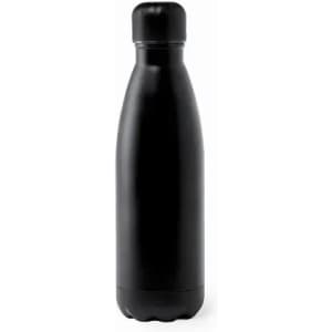 A drink bottle in sleek black with a rounded design and a fitted lid, featuring a branding logo.