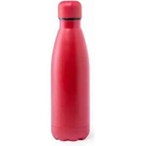 A drink bottle in a glossy red finish, featuring a rounded lid and smooth curves. It has a branding logo.