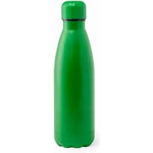 A drink bottle in bright green with a sleek, rounded design and a screw-on lid. It features a logo.