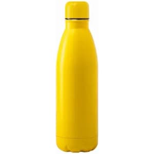 A drink bottle in bright yellow, featuring a modern design and a cap, with a visible logo.