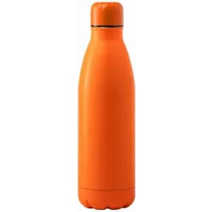 An orange drink bottle with a smooth finish and a rounded base, featuring a screw top lid and a logo.