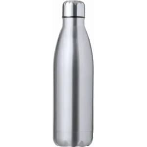 A drink bottle in a sleek silver finish, featuring a rounded design and a cap. It has a branding logo visible.