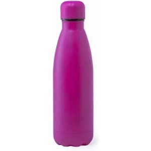 A drink bottle in vibrant pink with a sleek, contoured shape and a screw-top lid, featuring a logo.