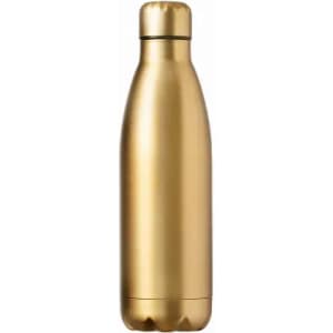 A drink bottle in a sleek gold finish with a metallic sheen and a logo on the surface.