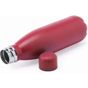 A drink bottle in a matte red finish with a silver accent and a matching screw-on lid. It has a sleek, modern design.