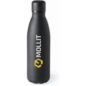A drink bottle in black with a rounded shape and a logo on the side.