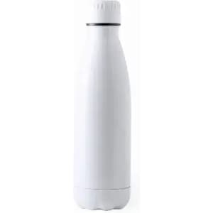 A drink bottle in a sleek, white design with a screw top and a rounded base. It features a logo.