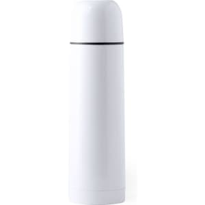 A drink bottle in sleek white with a rounded top and a black accent band, featuring a logo.