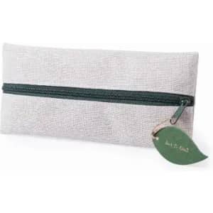 A pencil case in a light grey fabric with a green zip and a tag shaped like a leaf.