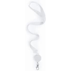 A lanyard in white with a retractable badge holder and a clip at the end.