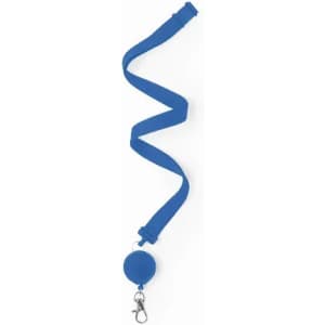 A blue lanyard with a retractable badge holder and a metal clip at the end.
