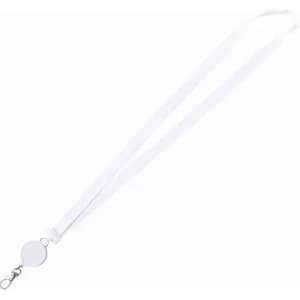 A white lanyard featuring a retractable badge holder at one end and a clip for attachment.