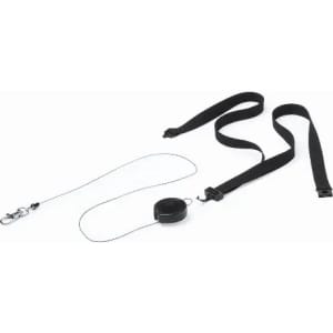 A retractable badge holder with a black strap and clip, featuring a metal cord for easy access.