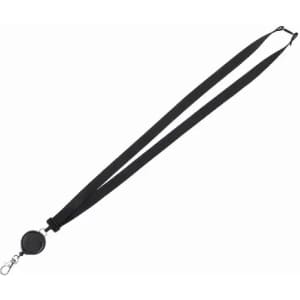 A black lanyard with a retractable badge holder and a clip attachment.