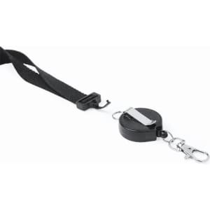 A retractable badge holder with a black strap and a clip for easy attachment.