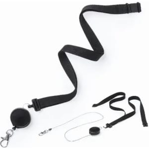 A black retractable badge reel with a strap, featuring clips for attachment and a long, adjustable cord.