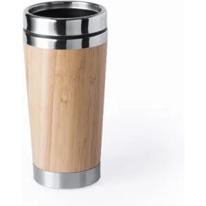 A drink bottle featuring a bamboo exterior and a stainless steel rim, with a sleek and modern design.