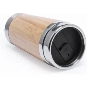 A drink bottle featuring a bamboo exterior with silver metal accents and a black lid. Brand logo is present.
