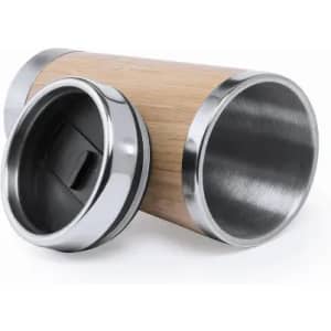 A drink bottle with a wooden exterior and stainless steel accents, featuring a removable lid.