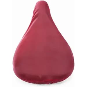 A bean bag in a deep red colour with a smooth fabric covering and a teardrop shape. It features a logo on the side.