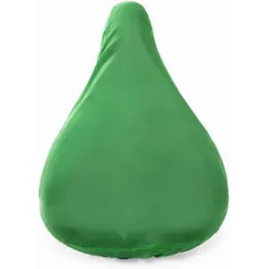 A green, teardrop-shaped bean bag with a smooth outer cover. The product includes a logo.