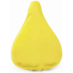 A bean bag in a bright yellow colour with a teardrop shape. It features a logo on the surface.