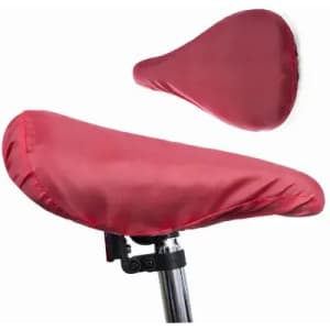 A red bicycle seat cover is displayed, with one cover positioned on a bike seat and the other hovering above it.