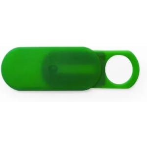 A green promotional product with a rounded rectangular shape and a circular cutout, featuring a logo.