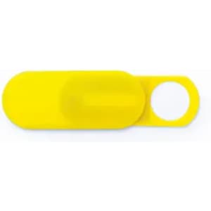 A bright yellow promotional product with a rounded shape and a circular cutout. It features a logo.