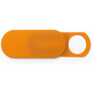 An orange promotional product with a rounded design and a cut-out section, featuring a logo.