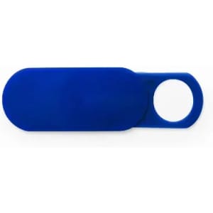 A blue promotional product with a rounded cutout and an elongated shape, featuring a logo.