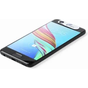 A smartphone in black with a colourful screen displaying an interface. The device features a logo on the top.
