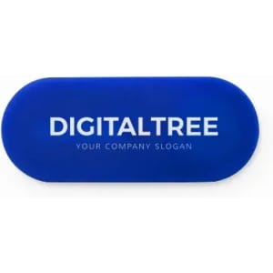 A blue promotional item with an oval shape featuring a logo and slogan.