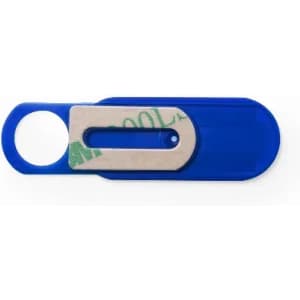 A blue promotional product with a metallic slider and a circular hole, designed for versatility and ease of use.