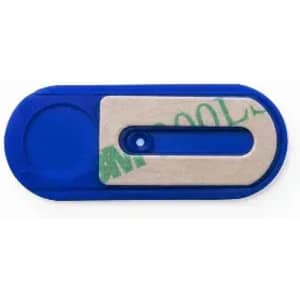 A blue promotional product with a sliding cover and a circular cutout, featuring an unobtrusive logo.