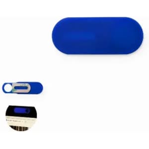 A blue promotional product with a sleek oval shape and a logo, featuring a sliding mechanism.