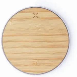 A round bamboo wooden surface with a silver rim and a small logo on top.