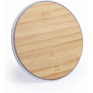 A circular bamboo lid sits atop a white container, featuring a smooth natural wood finish.