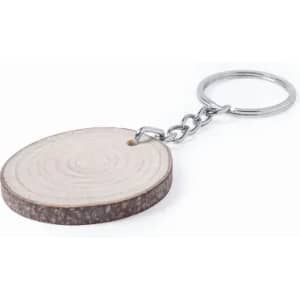 A keyring made of a circular wooden slice with a silver chain attached. The wood has a natural finish.