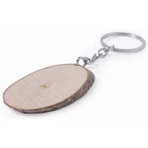 A wooden keychain with a natural finish, featuring a silver keyring attached.