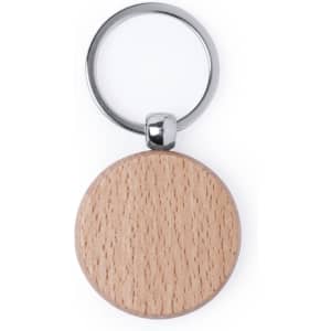 A wooden keyring with a round, natural wood finish and a metallic ring attachment.