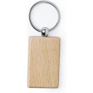 A wooden keyring with a rectangular shape and a metallic ring for attachment.