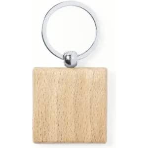 A wooden square keyring with a silver metal ring. The wood has a light, natural finish.