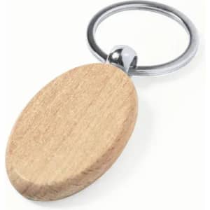 A wooden keyring with an oval shape and a metal ring. The wood features a natural finish.