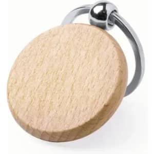 A wooden keyring with a smooth circular design and a metallic loop attached.